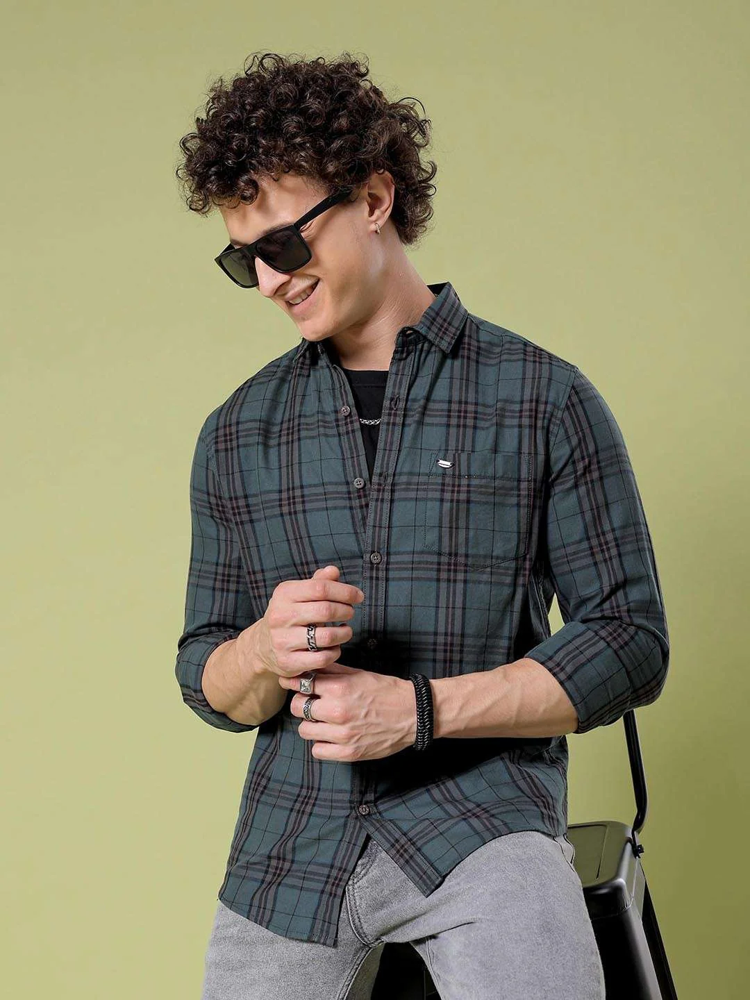 Men's Green Slim Fit Checkered Casual Shirt - Image 2