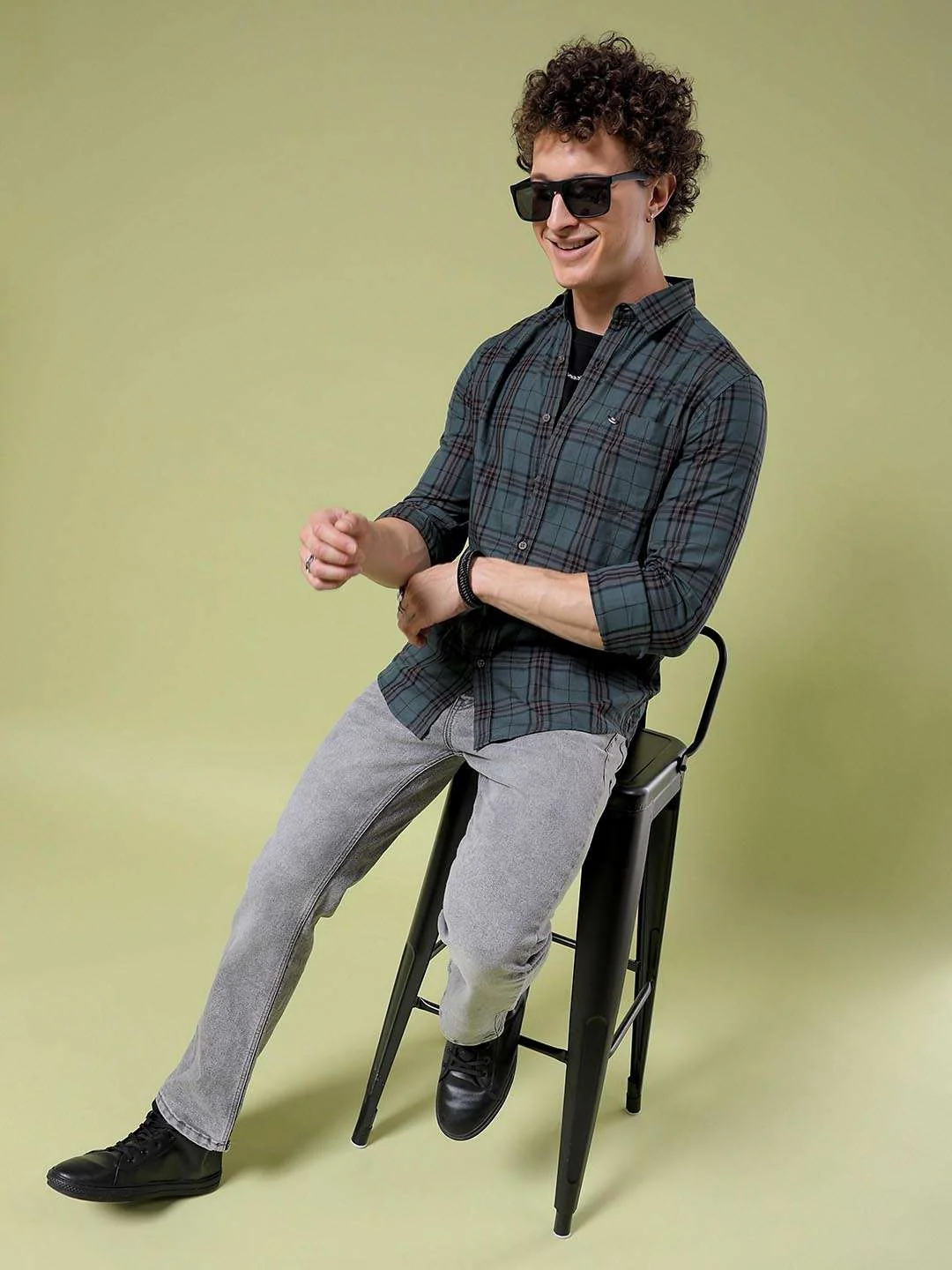Men's Green Slim Fit Checkered Casual Shirt - Image 3