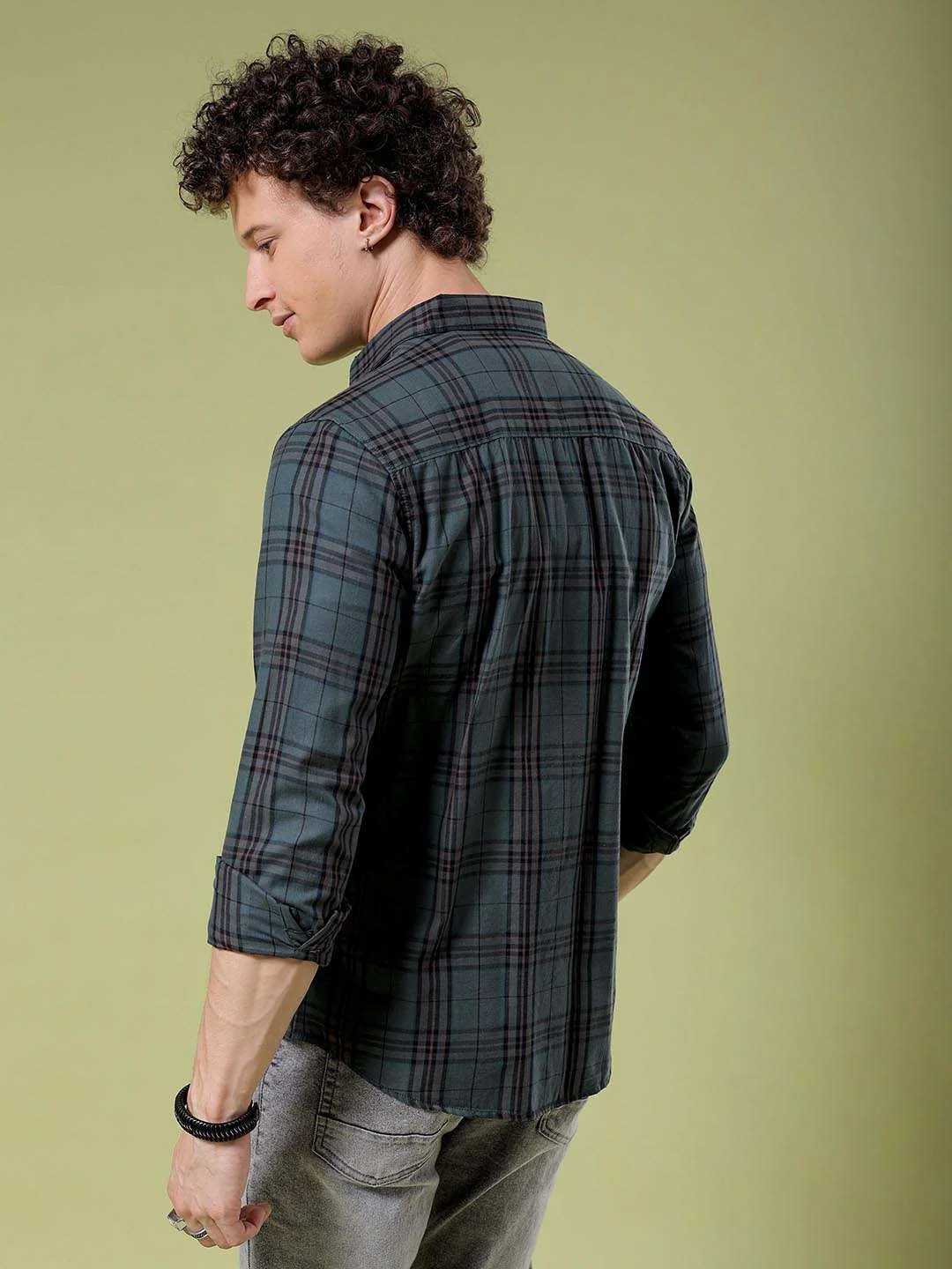 Men's Green Slim Fit Checkered Casual Shirt - Image 4