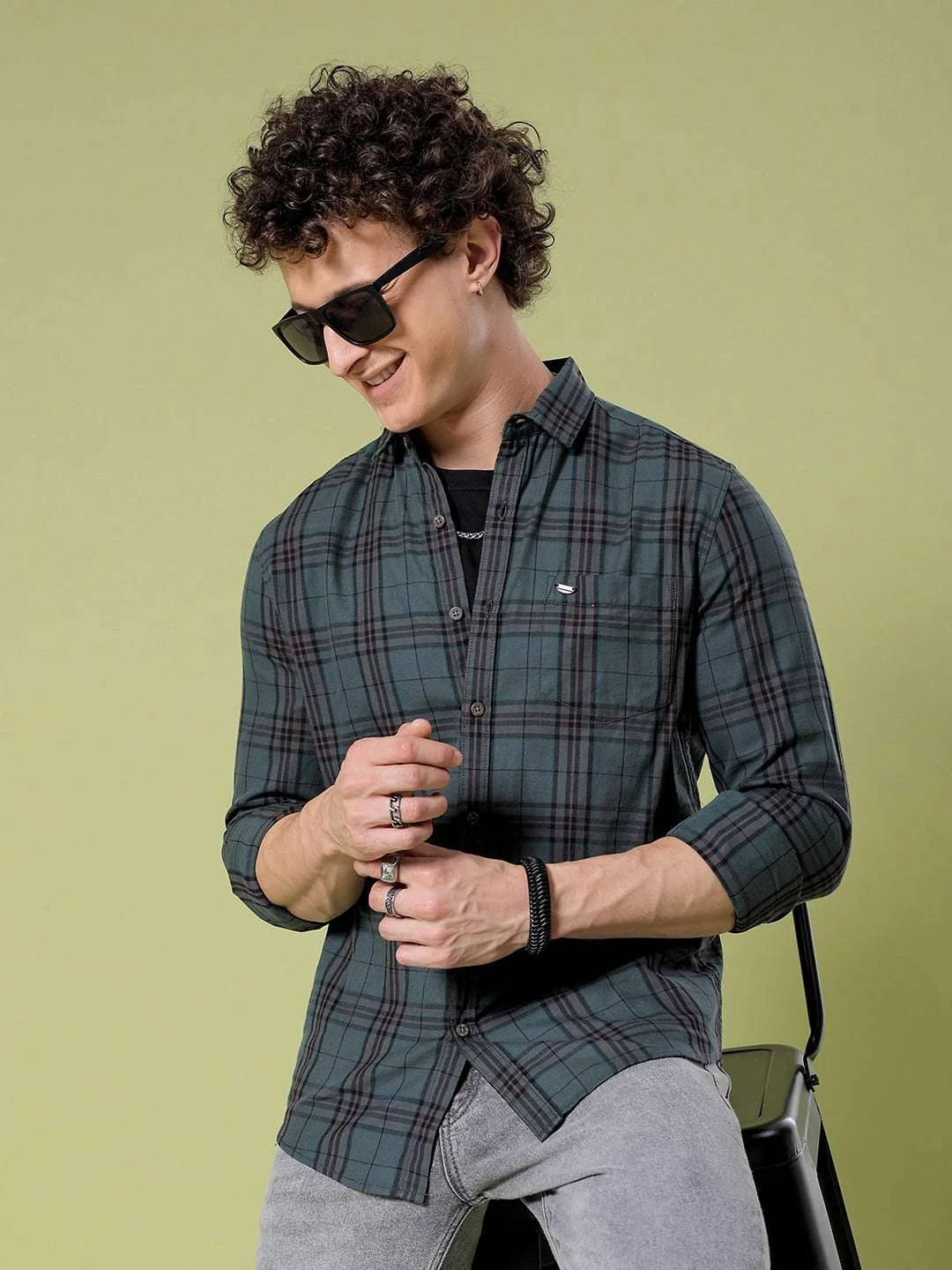 Men's Green Slim Fit Checkered Casual Shirt - Image 7