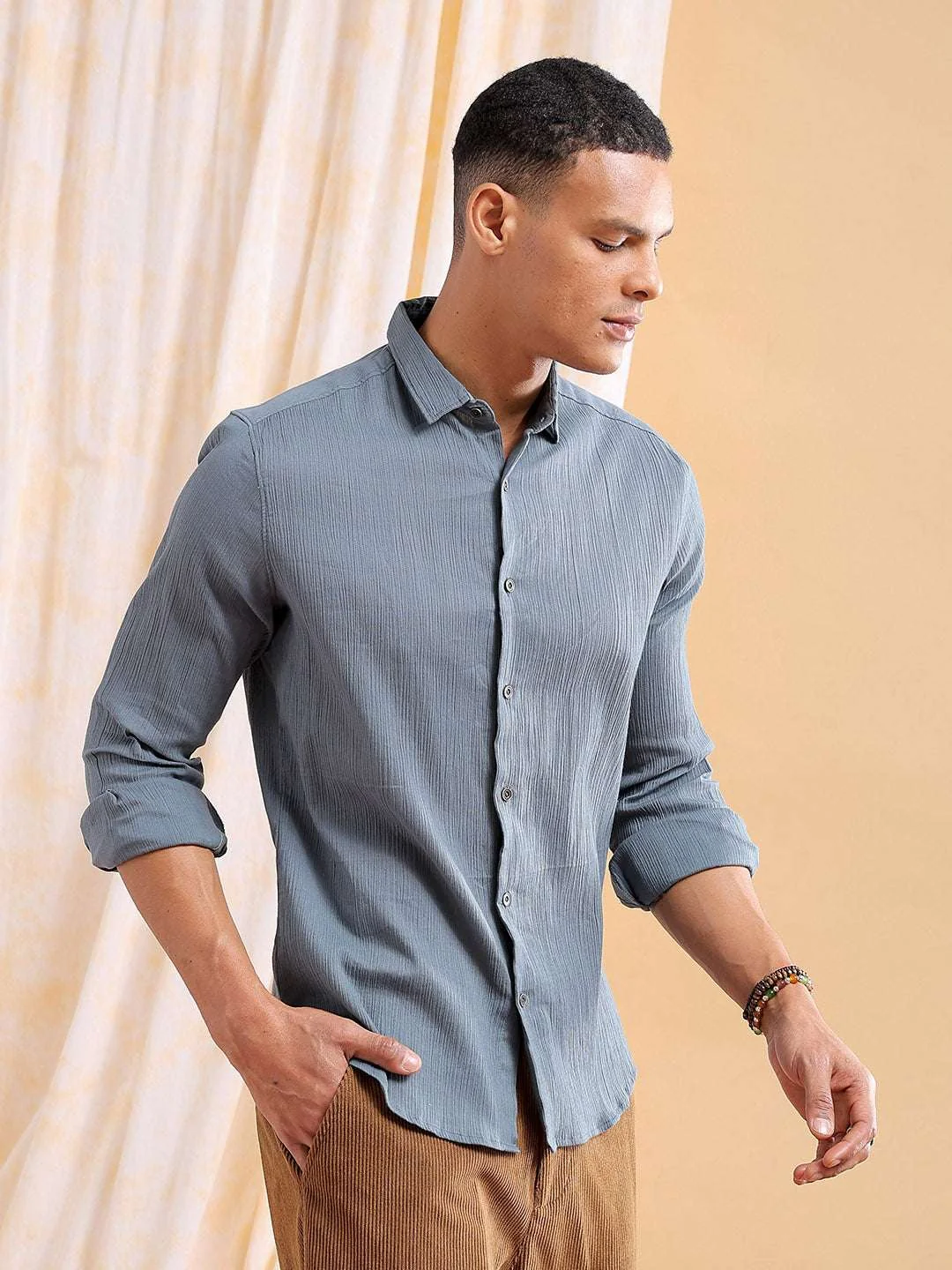 Men's Grey Slim Fit Solid Casual Shirt - Image 6