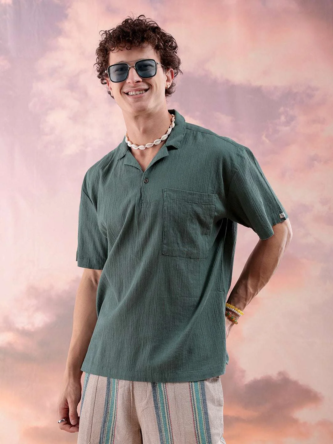 Men's Olive Relaxed Fit Solid Casual Shirt - Image 2