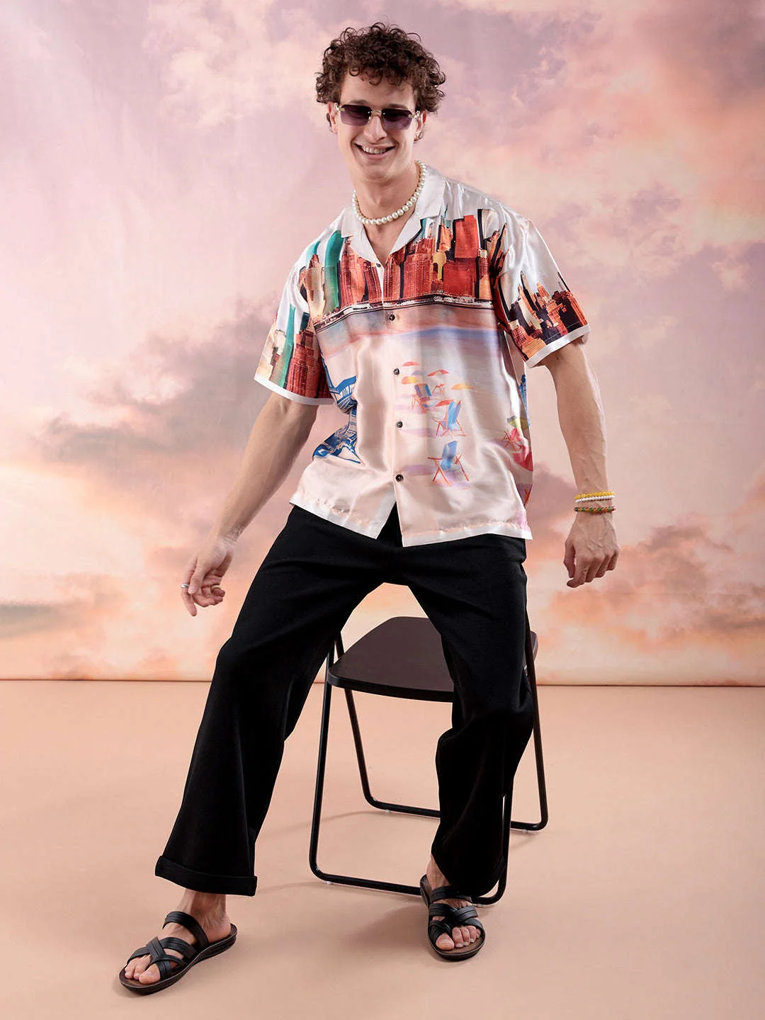 Men's Cream Relaxed Fit Printed Casual Shirt - Image 3