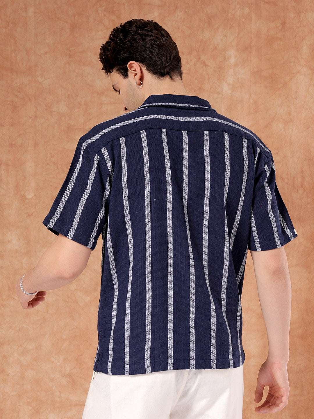 Men's Blue Relaxed Fit Striped Casual Shirt - Image 4