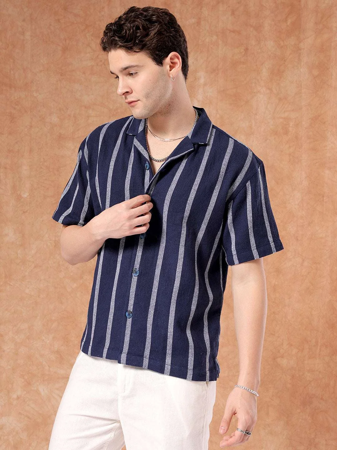Men's Blue Relaxed Fit Striped Casual Shirt - Image 5