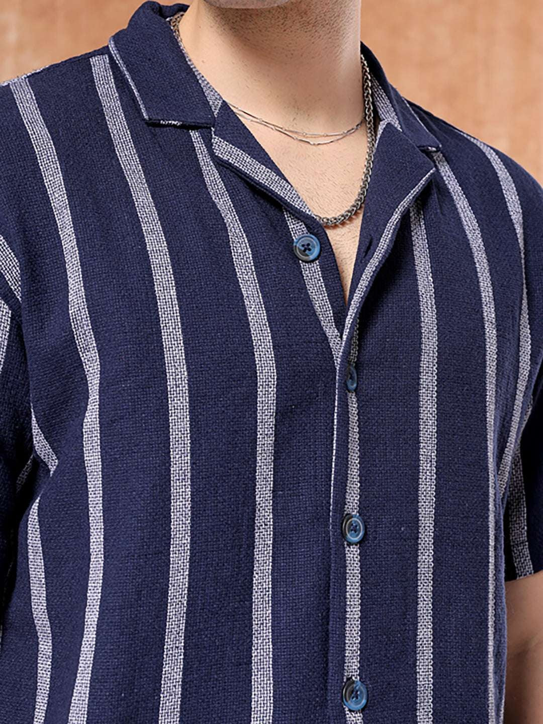 Men's Blue Relaxed Fit Striped Casual Shirt - Image 6