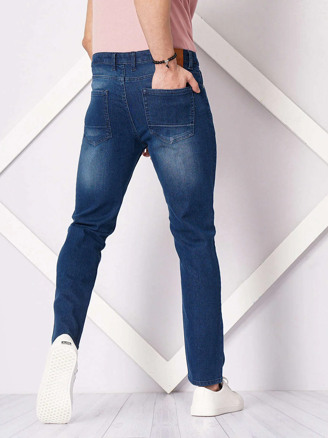 Men's Dark Blue Slim Fit Solid Casual Jeans - Image 3