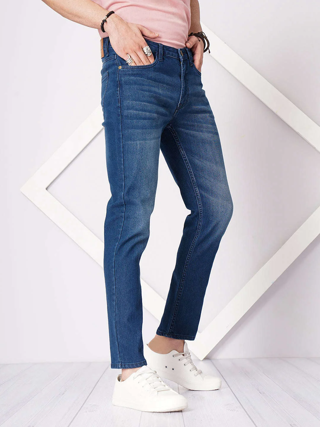 Men's Dark Blue Slim Fit Solid Casual Jeans - Image 6