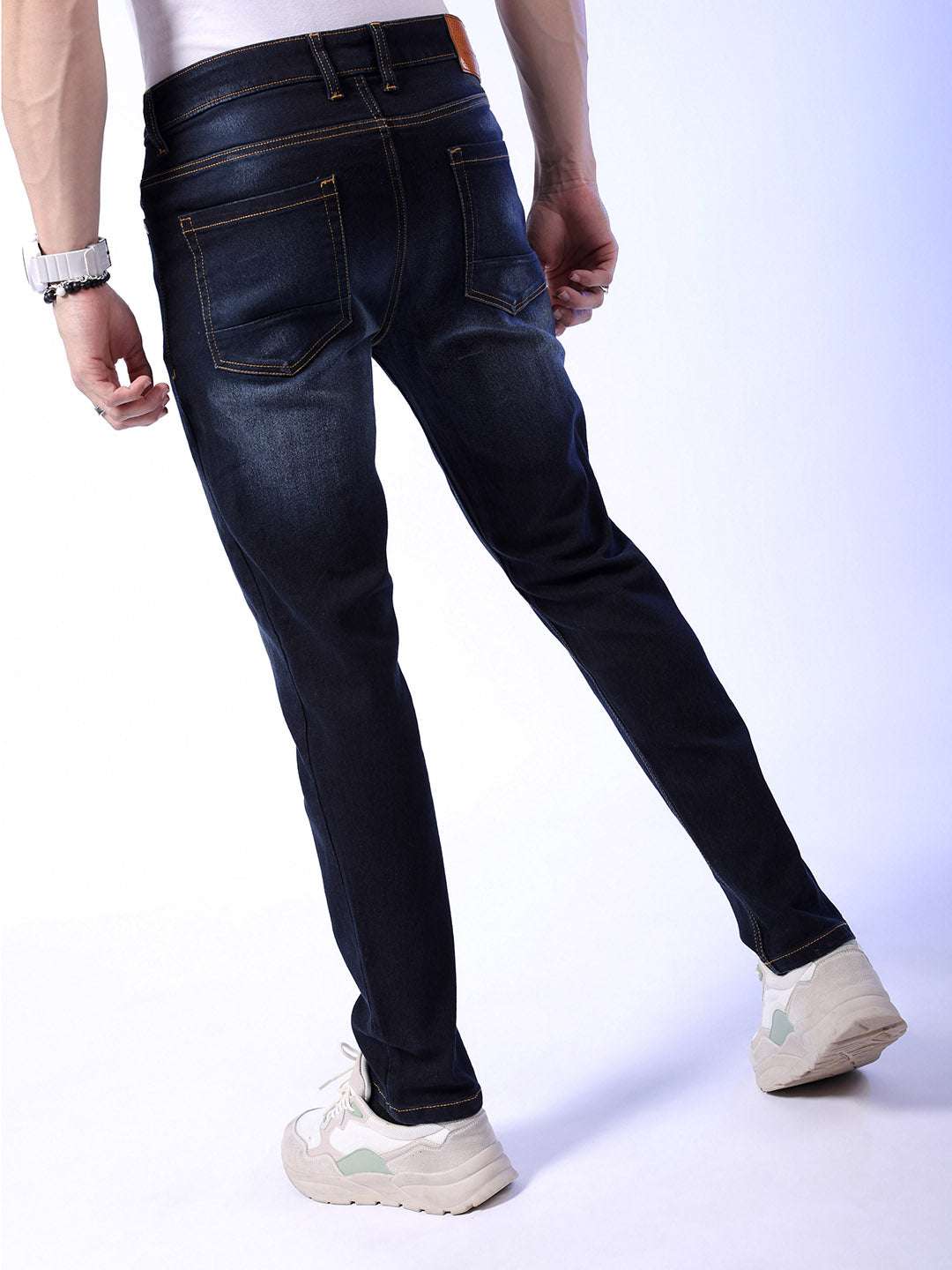 Men's Blue Slim Fit Solid Mid-Rise Stretchable Jeans - Image 3