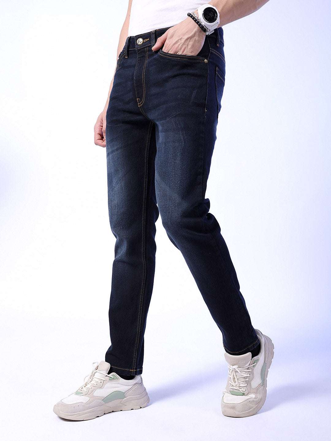 Men's Blue Slim Fit Solid Mid-Rise Stretchable Jeans - Image 4