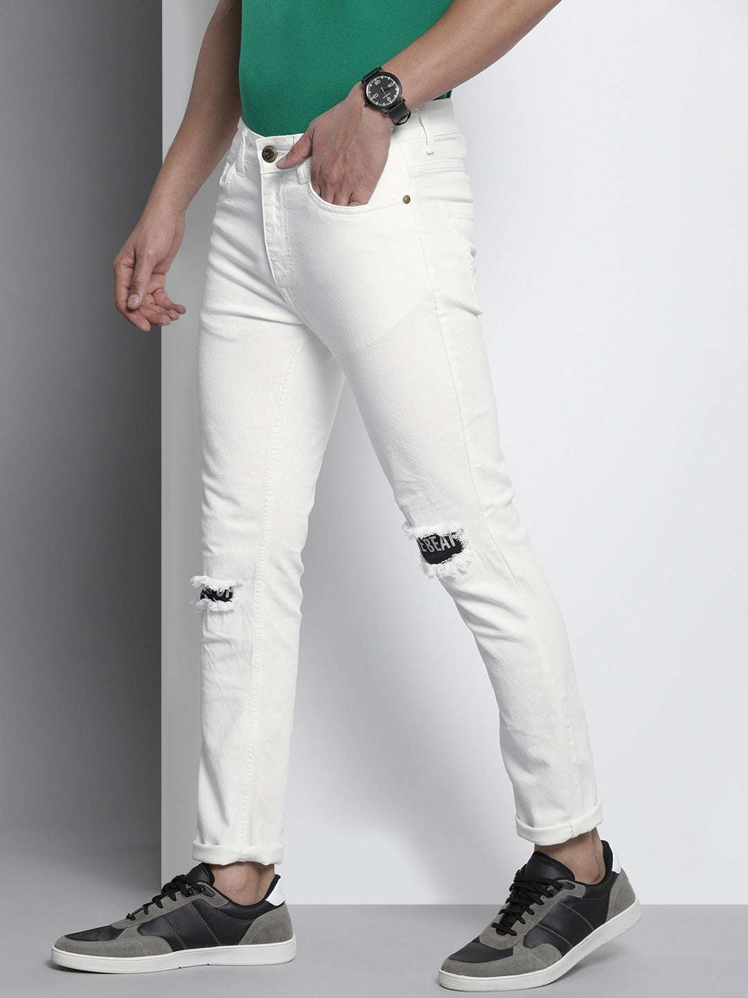 Men's White Slim Fit Paint Splash Casual Jeans - Image 2