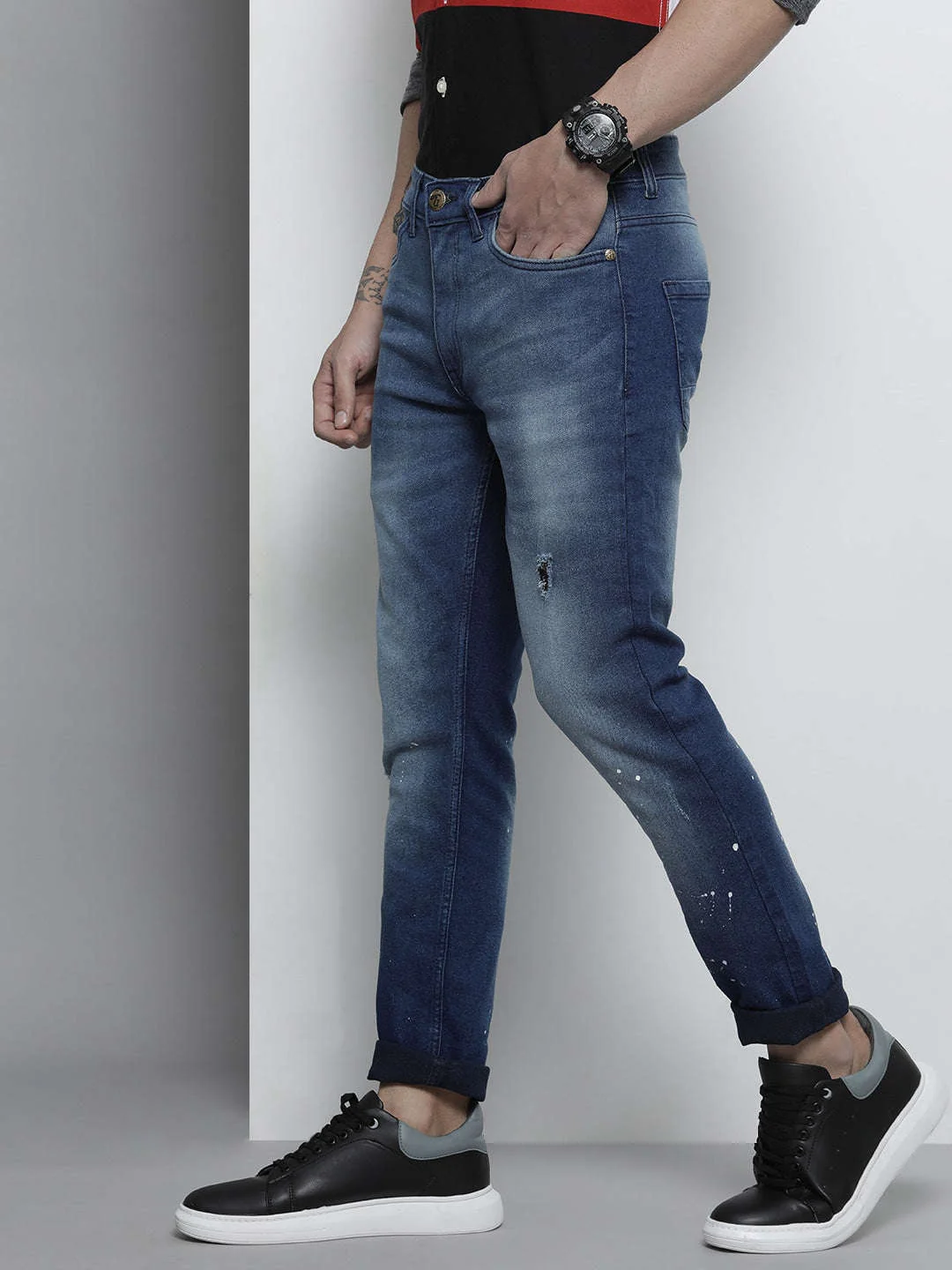 Men's Dark Blue Slim Fit Paint Splash Casual Jeans - Image 2