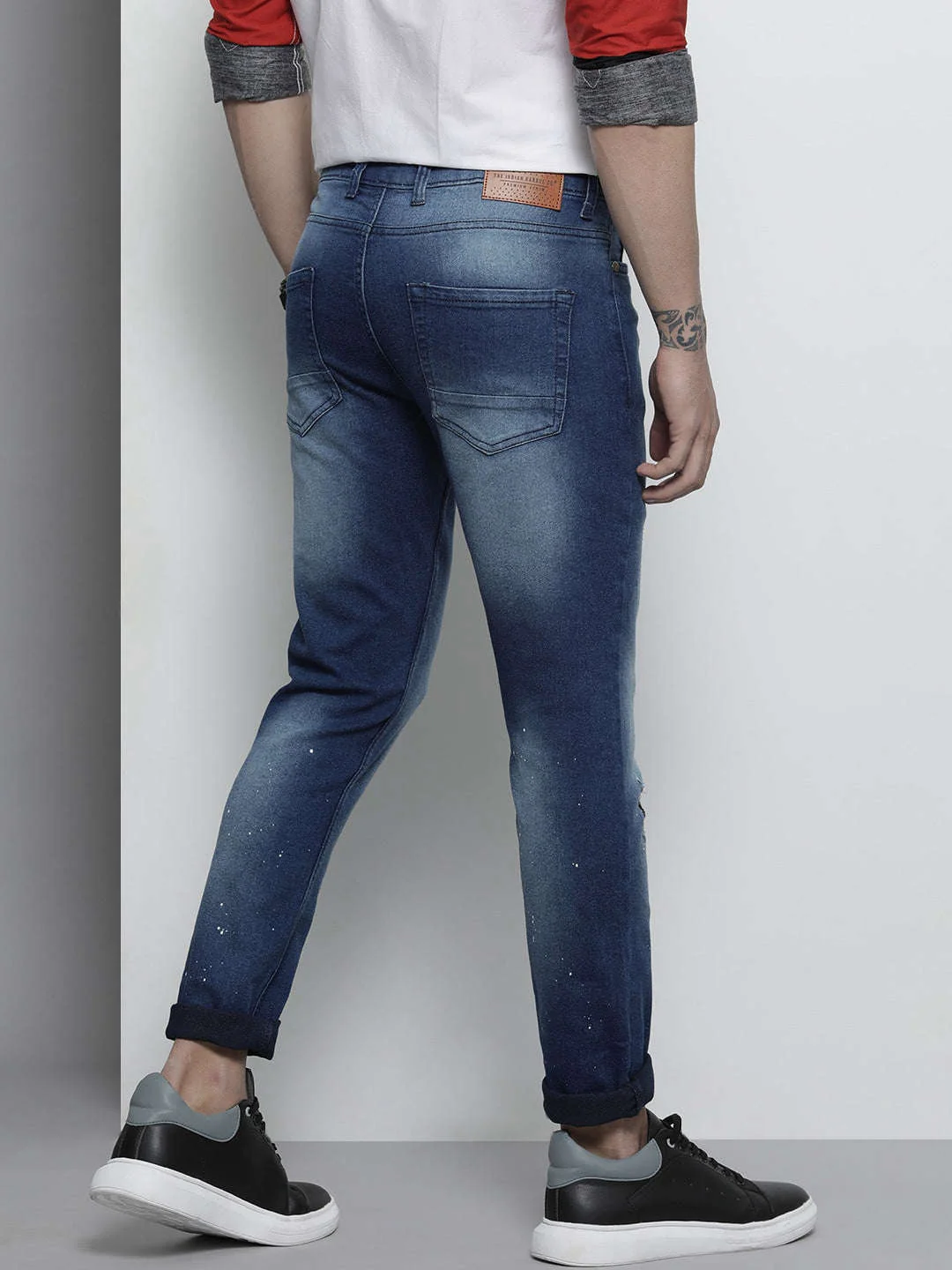 Men's Dark Blue Slim Fit Paint Splash Casual Jeans - Image 3