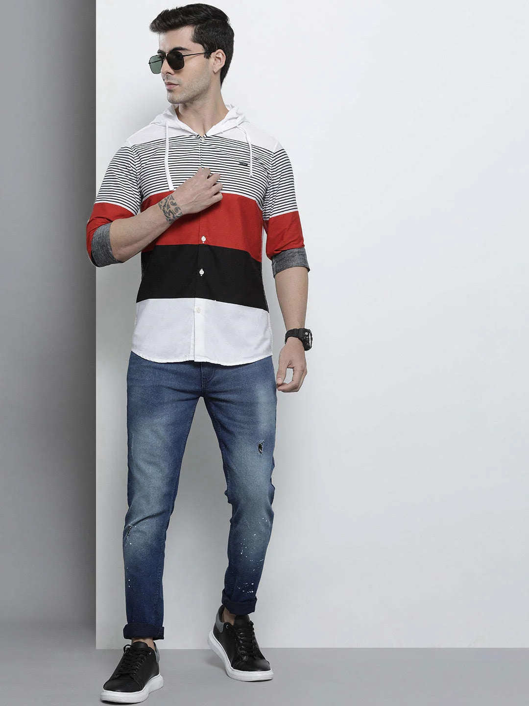 Men's Dark Blue Slim Fit Paint Splash Casual Jeans - Image 5