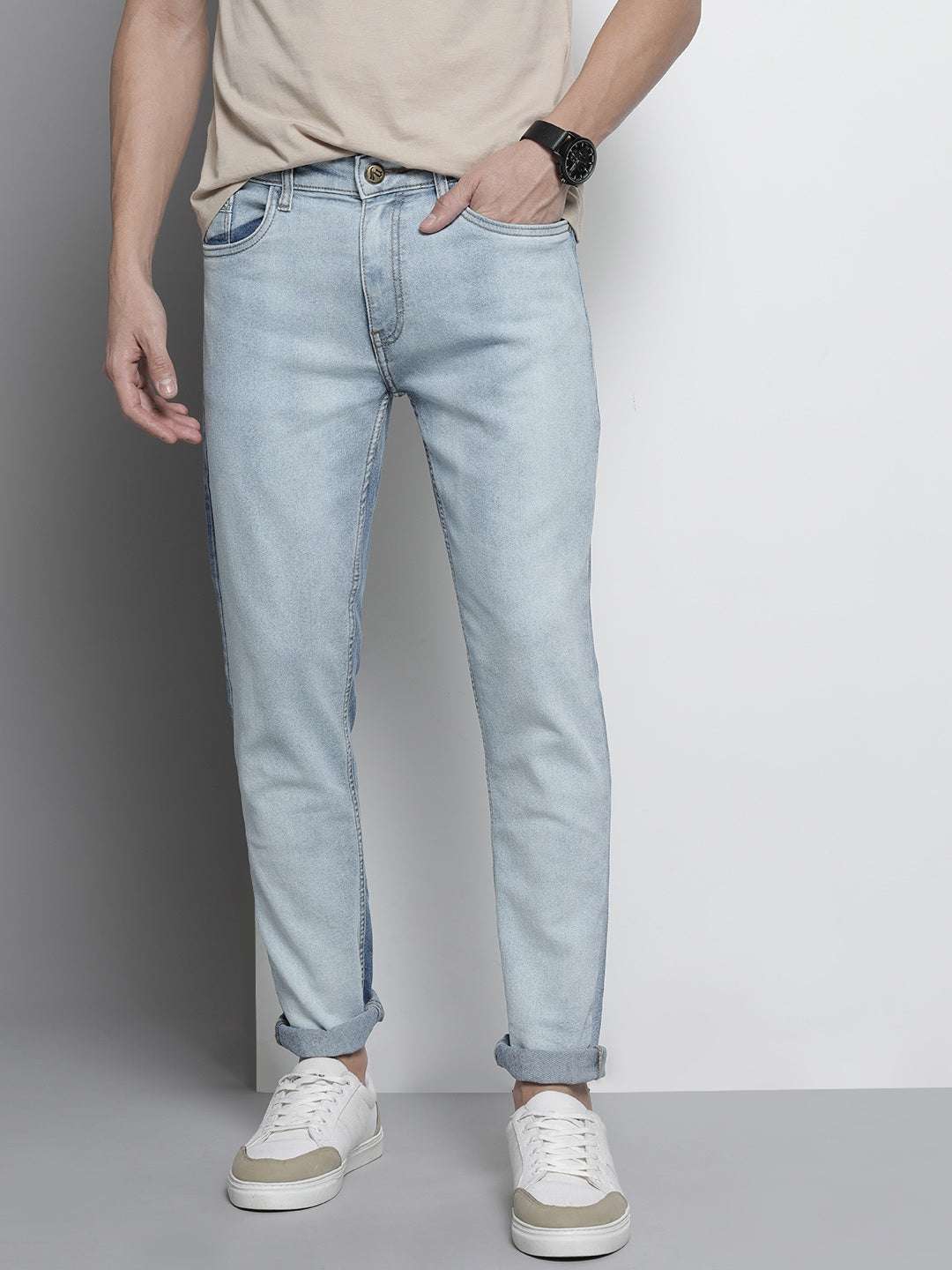 Men's Light Blue Slim Fit Solid Casual Jeans - Image 3