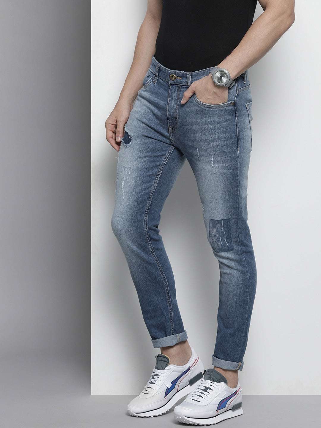 Men's Blue Slim Fit Solid Casual Jeans - Image 2