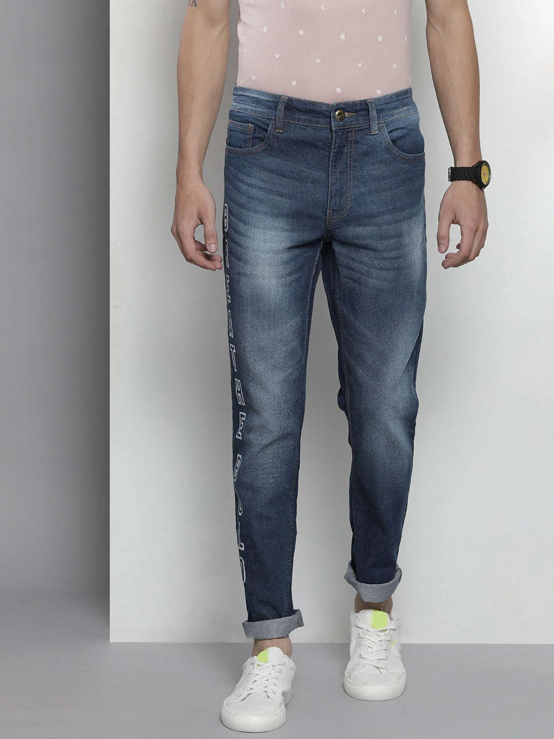 Men's Blue Slim Fit Printed Casual Jeans
