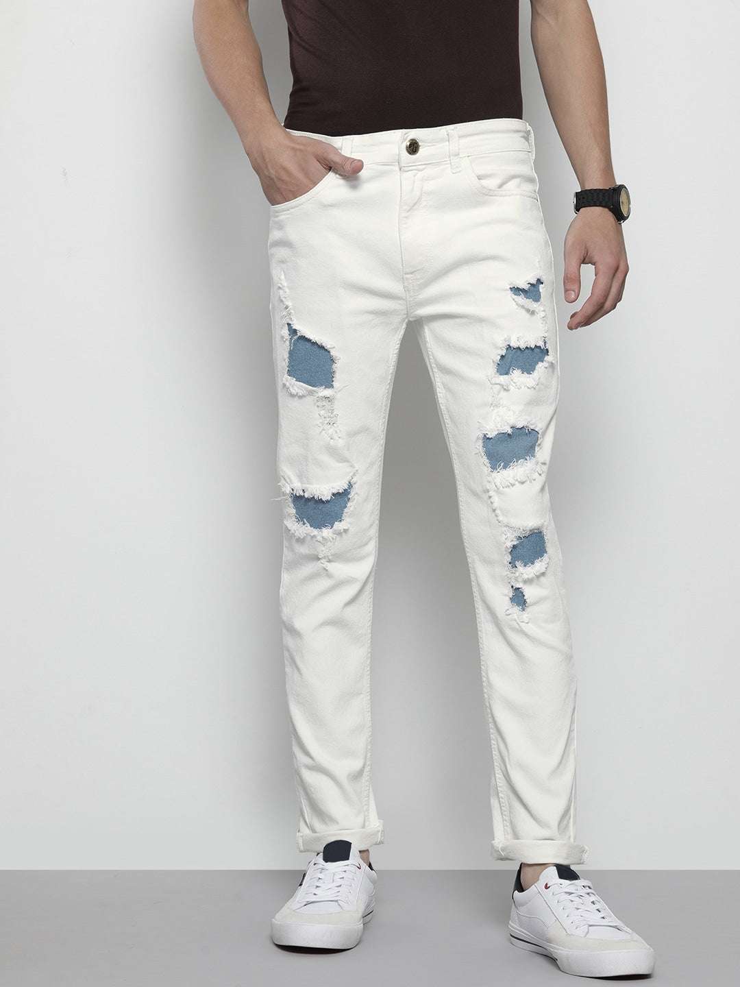 Men's White Slim Fit Solid Casual Jeans