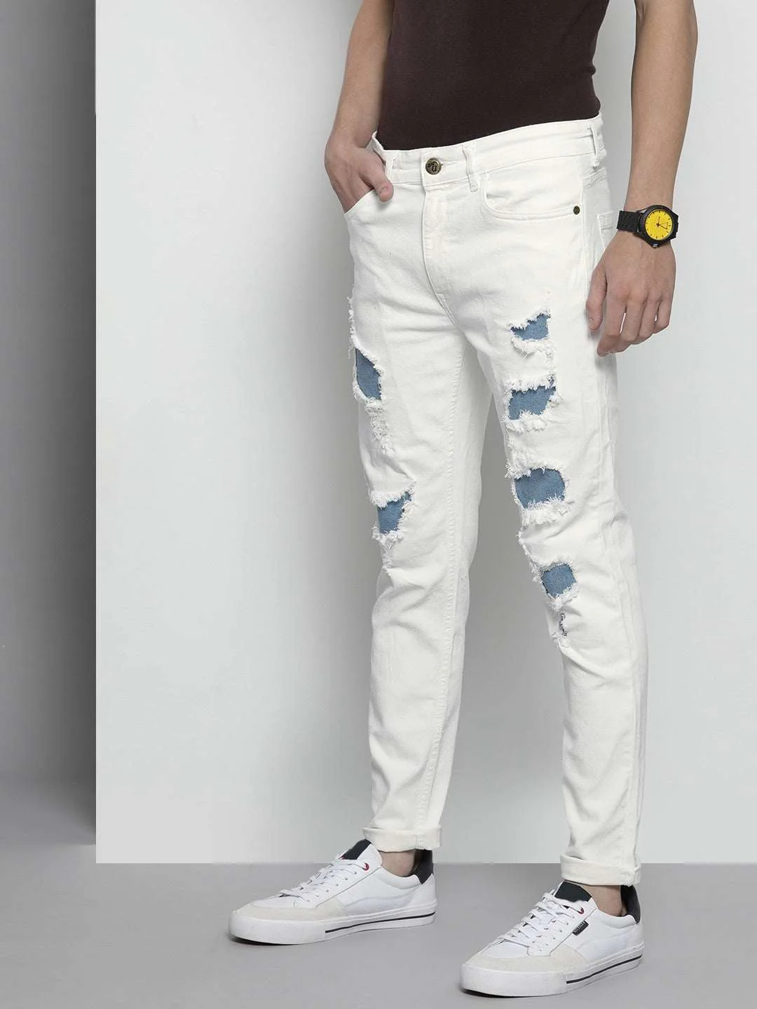 Men's White Slim Fit Solid Casual Jeans - Image 2