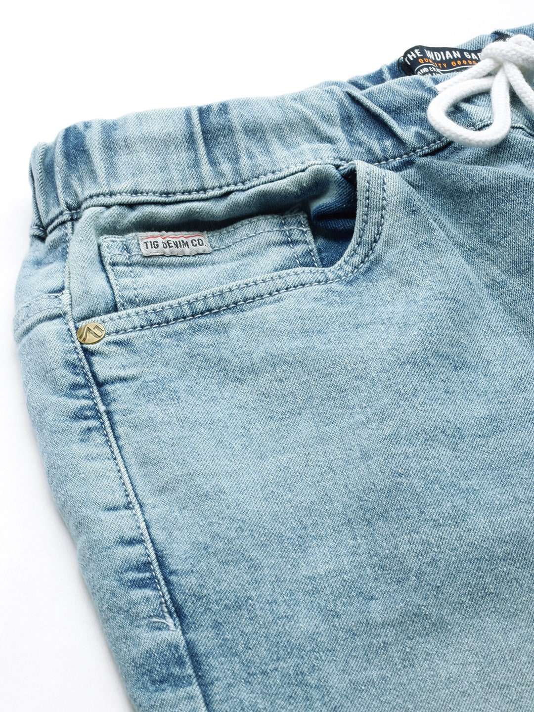 Men's Blue Slim Fit Overdyed Mid-Rise Stretchable Denim Joggers - Image 6