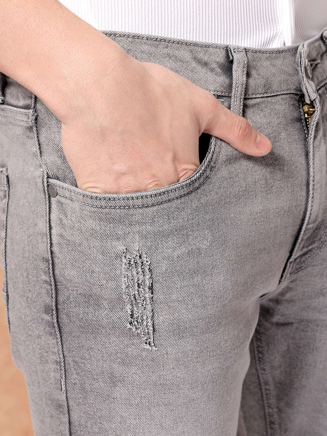 Men's Grey Slim Fit Solid Mid-Rise Stretchable Jeans - Image 6