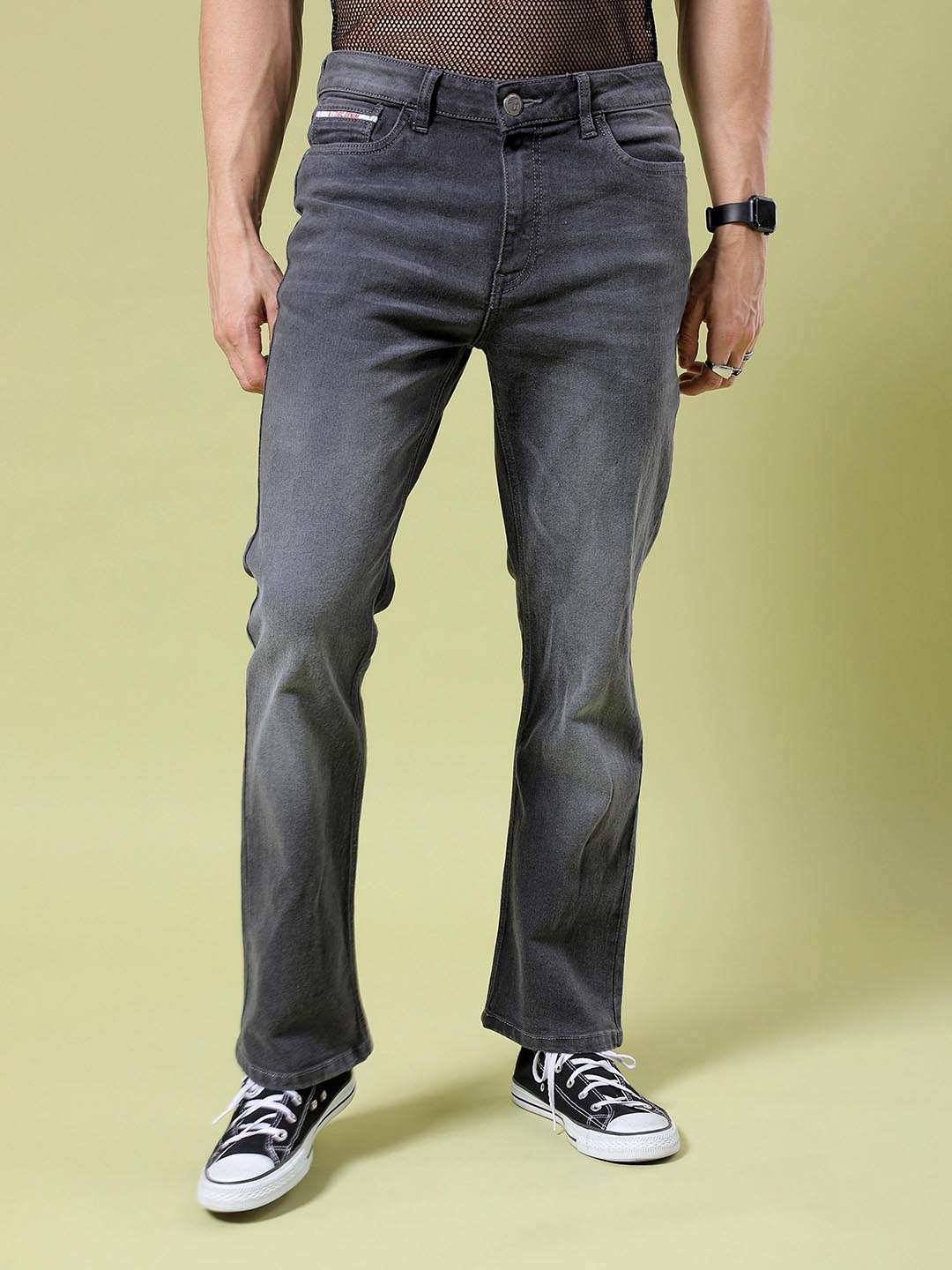 Men's Grey Bootcut Solid Mid-Rise Stretchable Jeans - Image 2