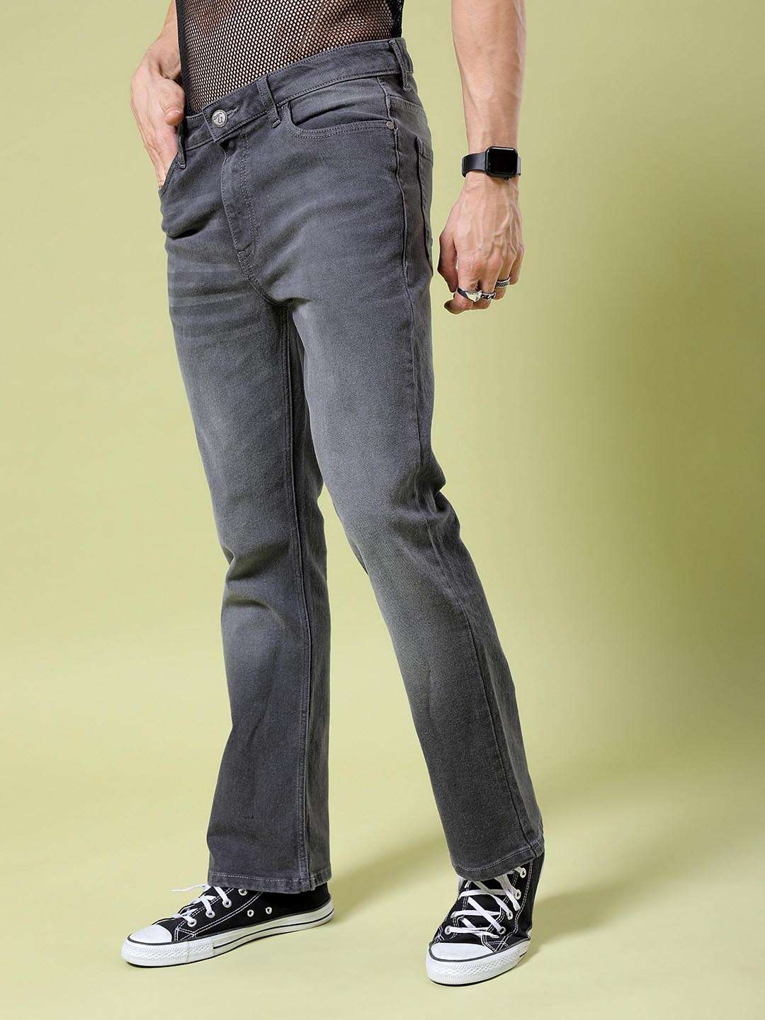 Men's Grey Bootcut Solid Mid-Rise Stretchable Jeans - Image 4