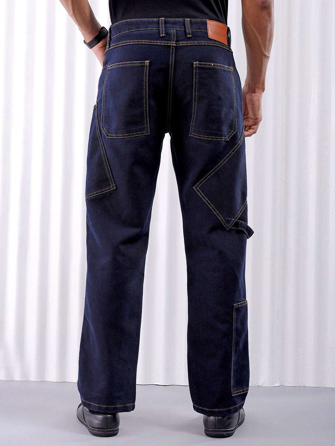 Men's Dark Blue Relaxed Fit Solid Utility Jeans - Image 3