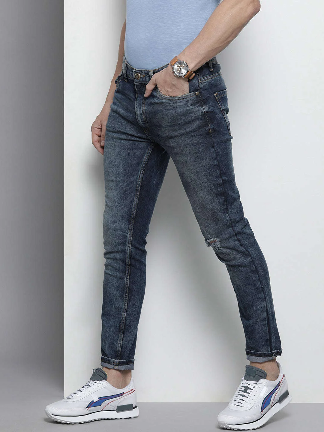 Men's Blue Slim Fit Solid Street Wear Jeans - Image 2