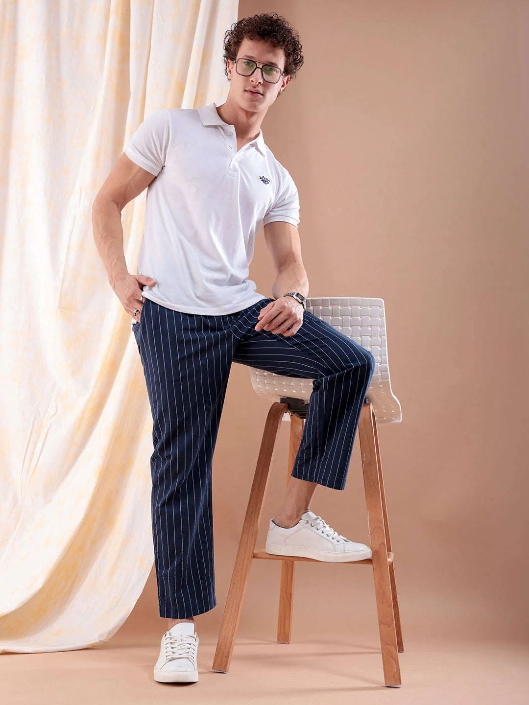 Men's Navy Regular Fit Striped Mid-Rise Elasticated Trousers - Image 2