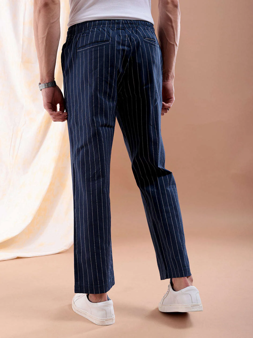 Men's Navy Regular Fit Striped Mid-Rise Elasticated Trousers - Image 3