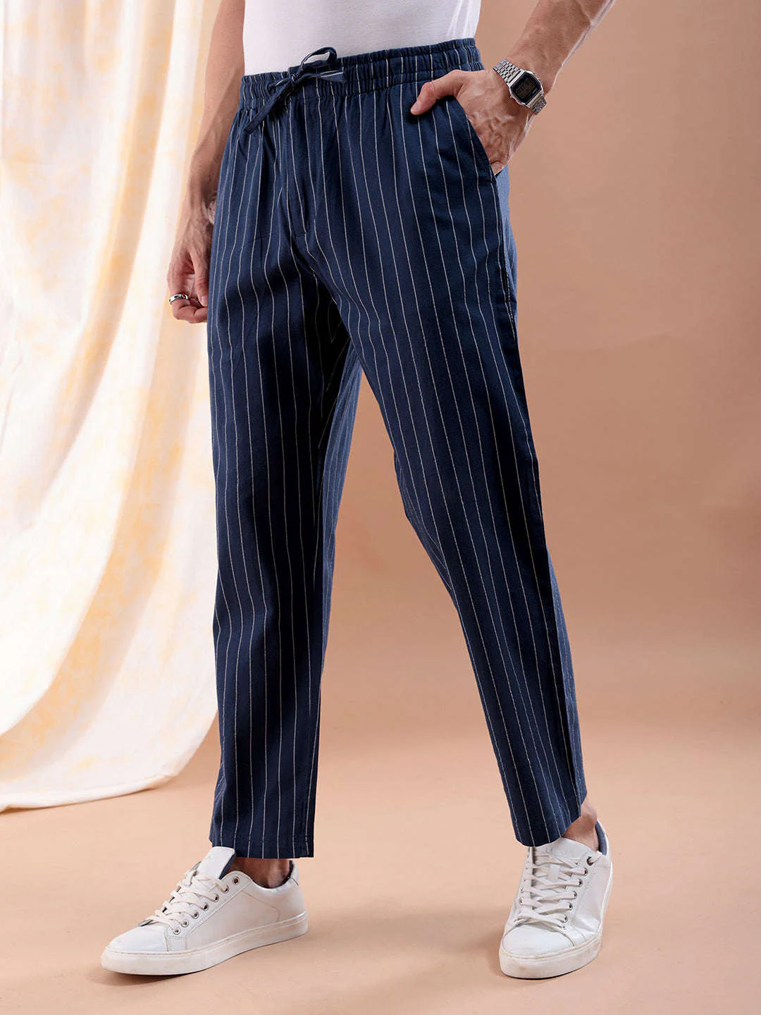 Men's Navy Regular Fit Striped Mid-Rise Elasticated Trousers - Image 4