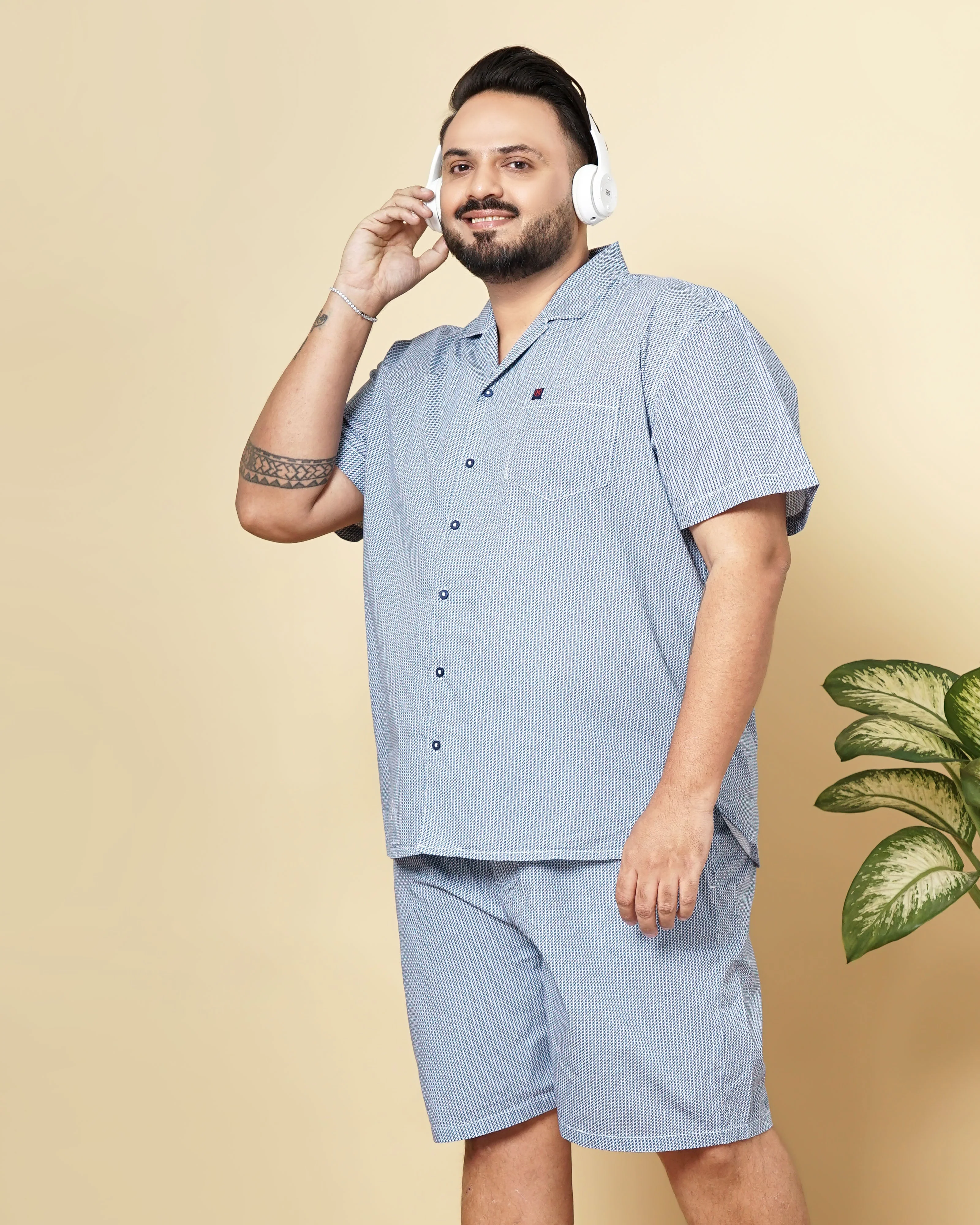 Men's Blue Plus Size Geometric Printed Lounge Set - Image 3