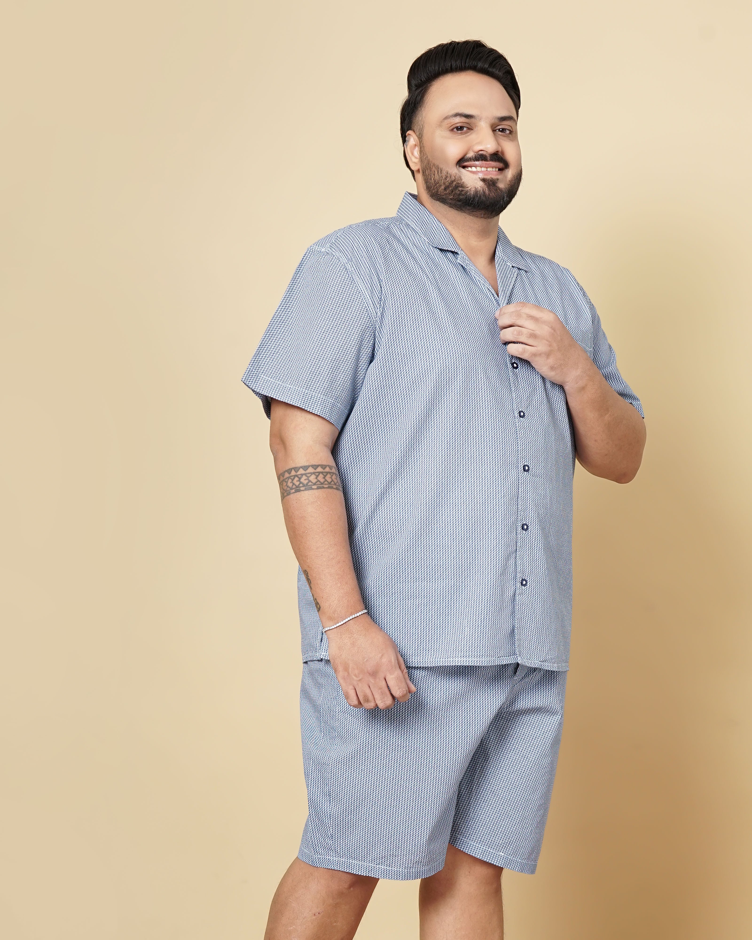 Men's Blue Plus Size Geometric Printed Lounge Set - Image 4