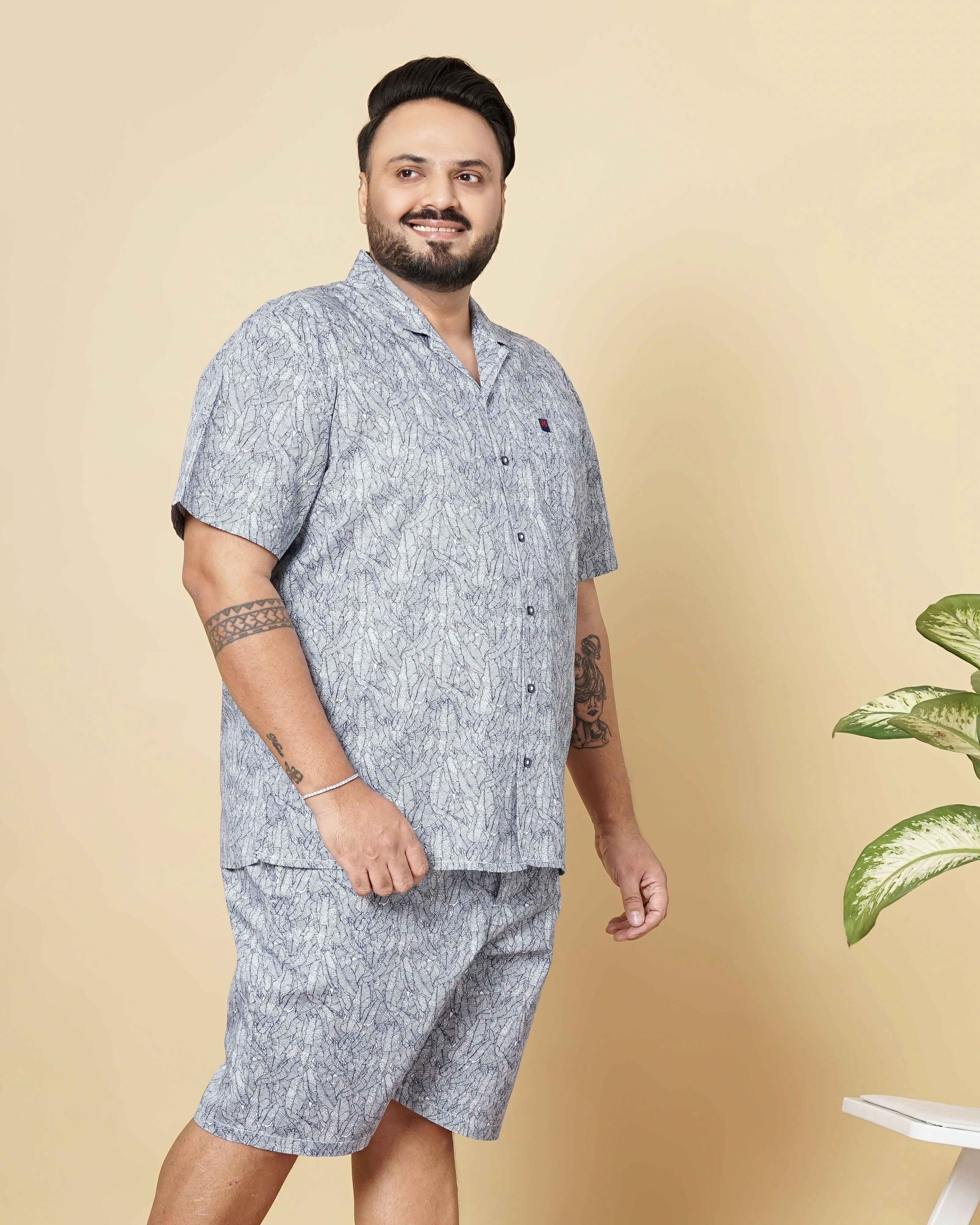 Men's Navy Blue Plus Size Geometric Printed Lounge Set - Image 3