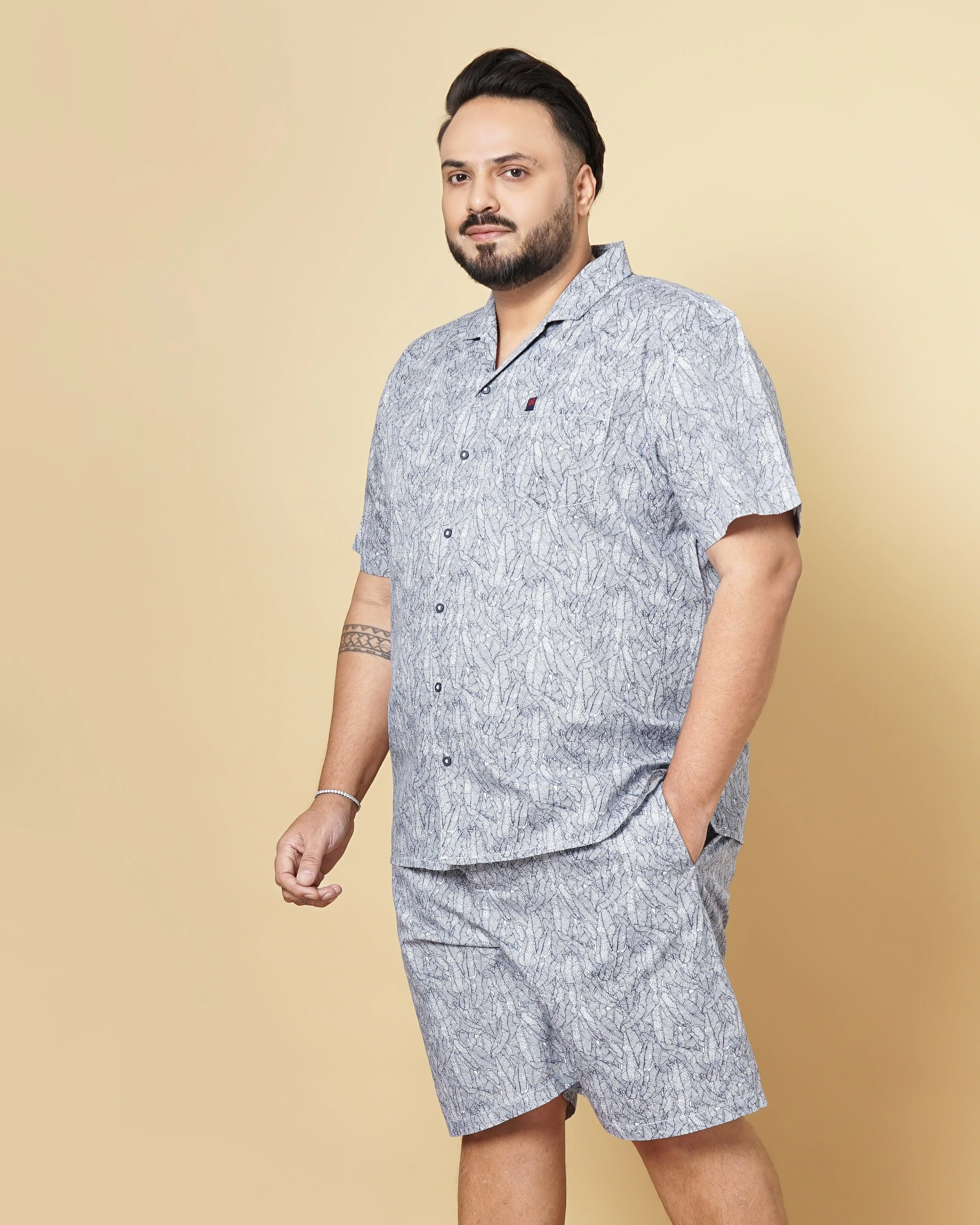 Men's Navy Blue Plus Size Geometric Printed Lounge Set - Image 4