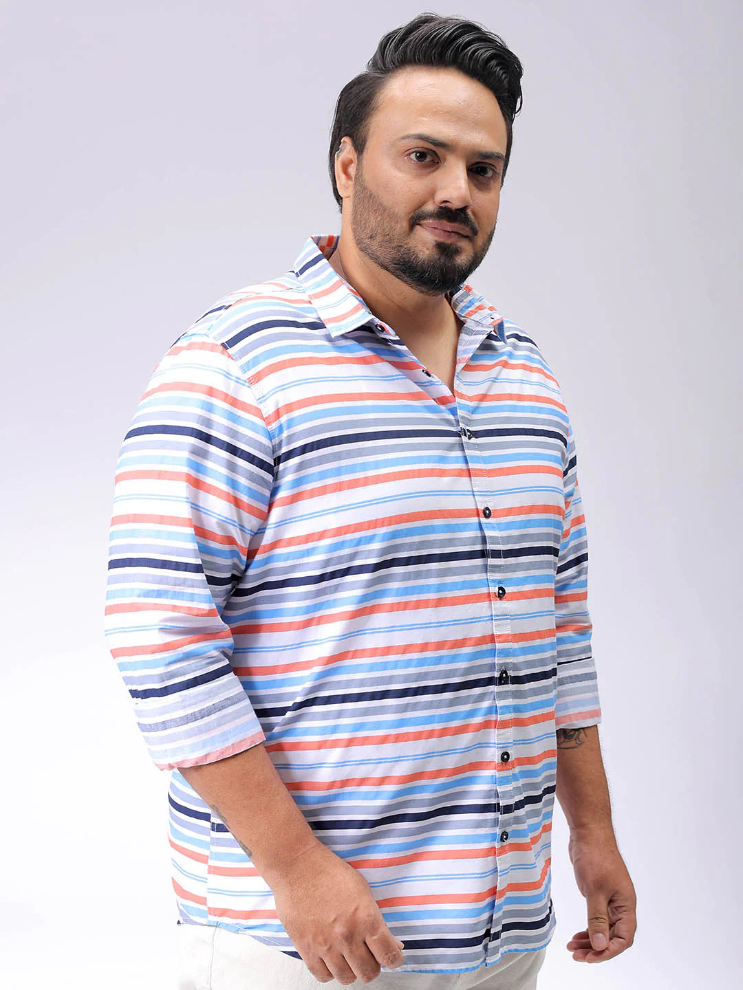 Men's Plus Size Horizontal Striped Casual Shirt - Image 3