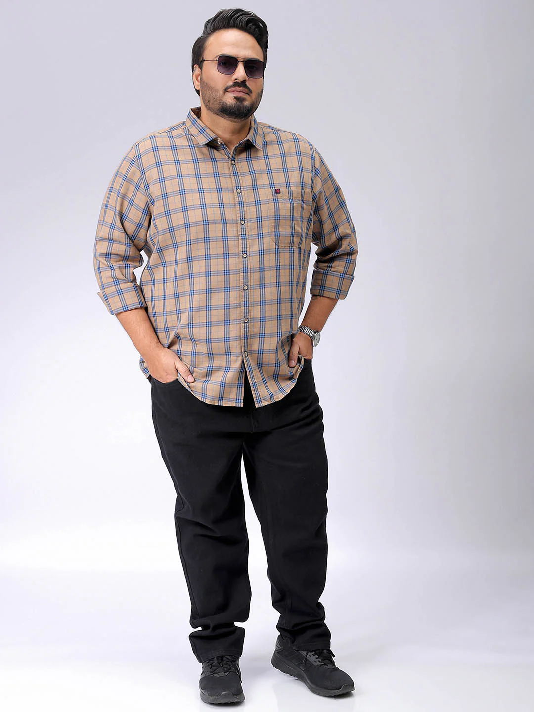 Men's Plus Size Windowpane Checks Casual Shirt - Image 4