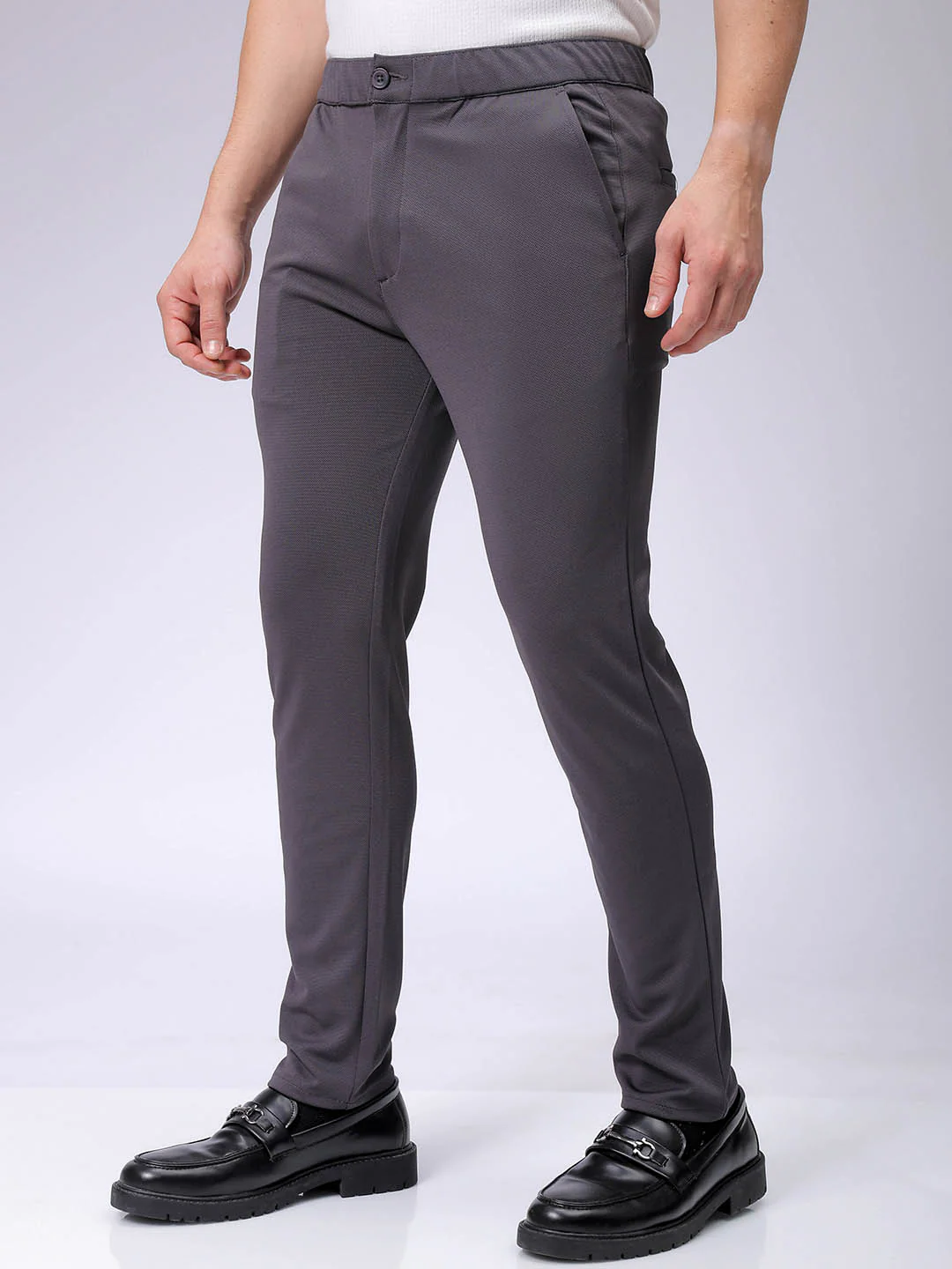Men's Dark Grey Slim Fit Textured Formal Trouser - Image 2