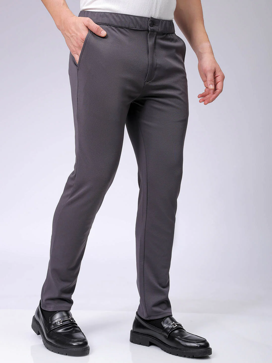Men's Dark Grey Slim Fit Textured Formal Trouser - Image 3