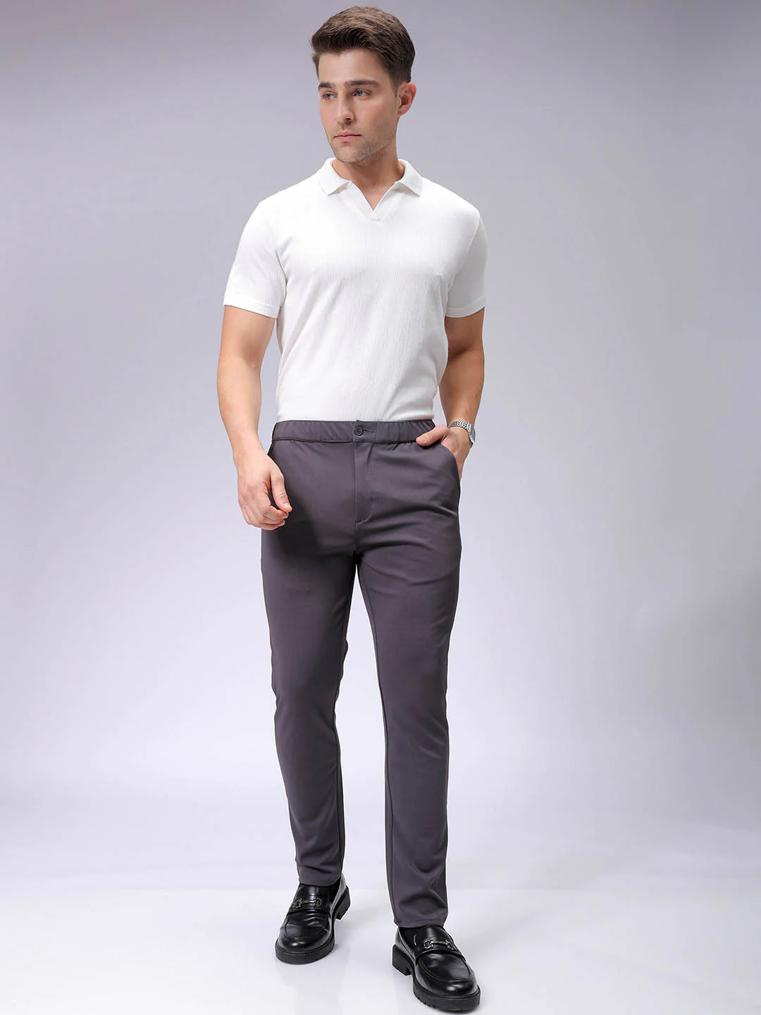 Men's Dark Grey Slim Fit Textured Formal Trouser - Image 4