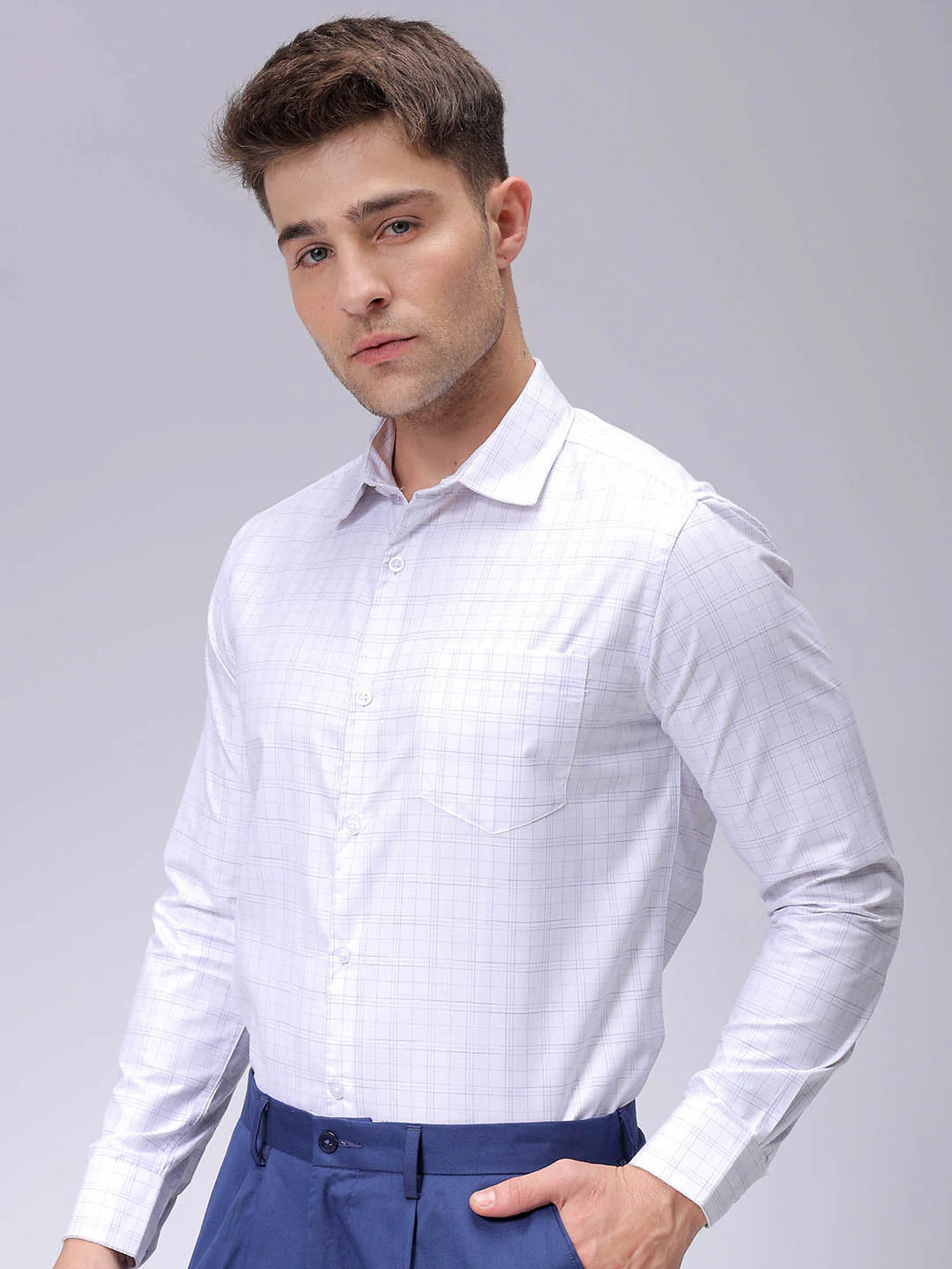 Men's White Slim Fit Checked Formal Shirt - Image 2
