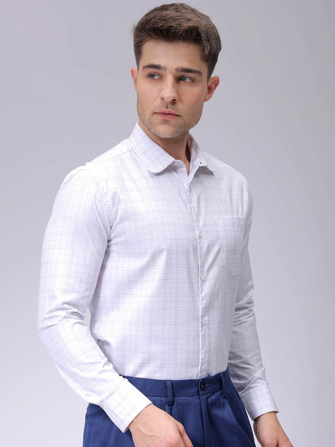 Men's White Slim Fit Checked Formal Shirt - Image 3