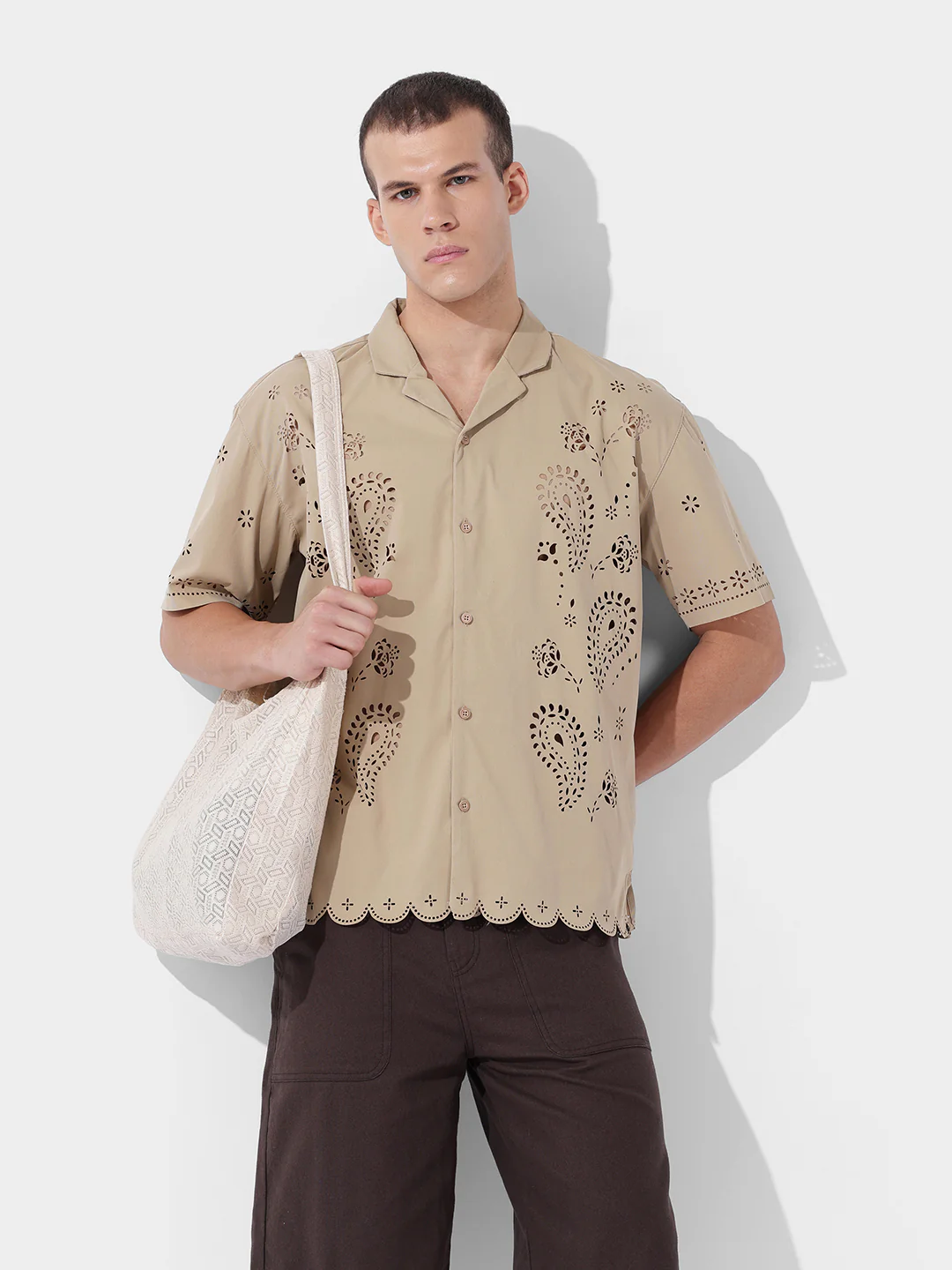 Men's Beige Relaxed Fit Solid  Resort Wear Shirt - Image 2