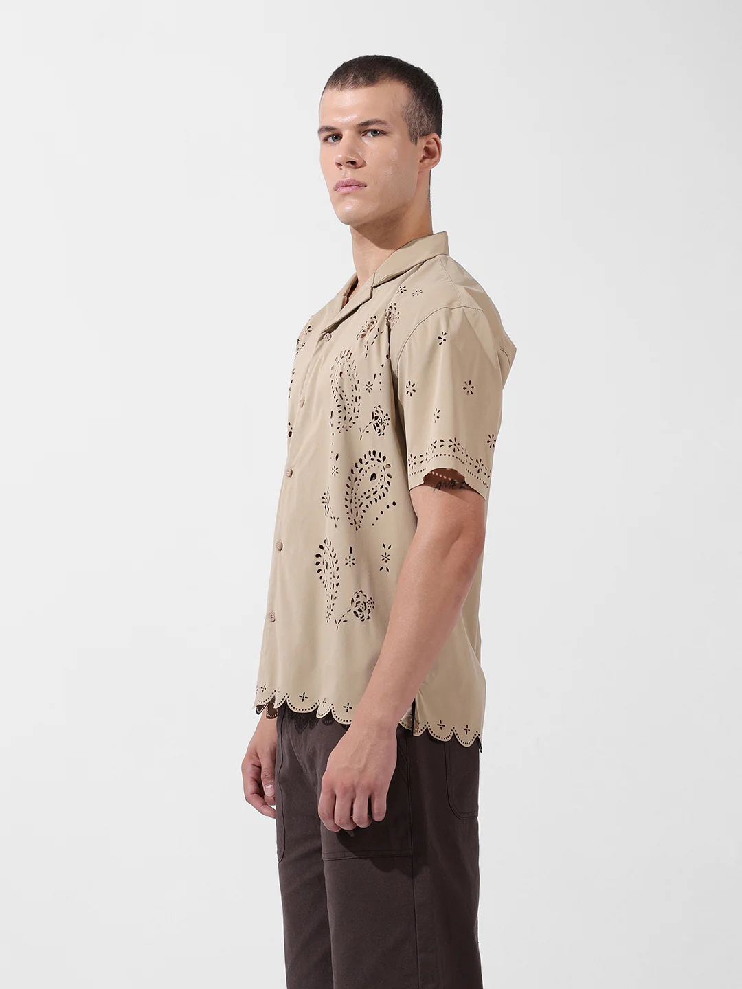 Men's Beige Relaxed Fit Solid  Resort Wear Shirt - Image 3