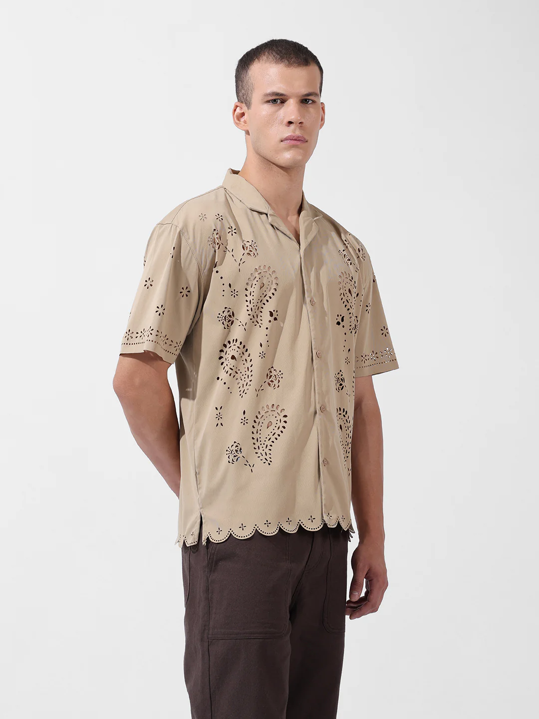 Men's Beige Relaxed Fit Solid  Resort Wear Shirt - Image 4