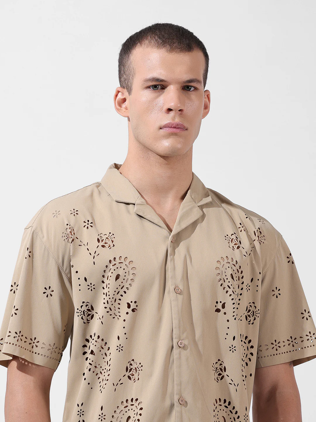 Men's Beige Relaxed Fit Solid  Resort Wear Shirt - Image 6