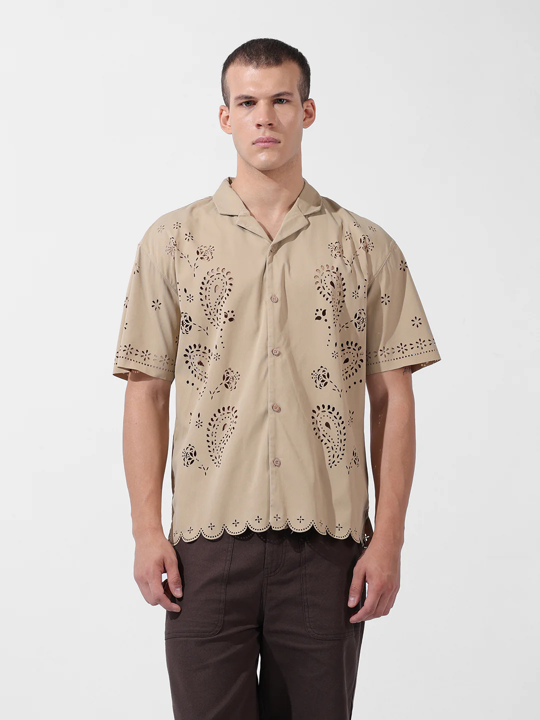 Men's Beige Relaxed Fit Solid  Resort Wear Shirt - Image 8