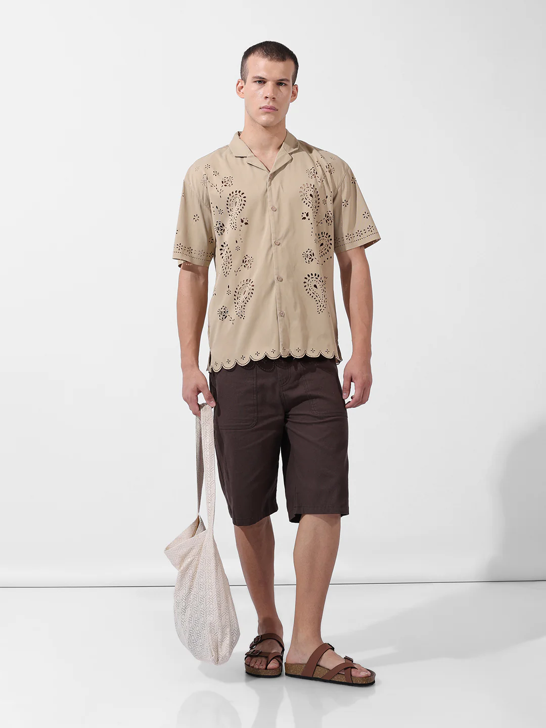 Men's Beige Relaxed Fit Solid  Resort Wear Shirt - Image 9
