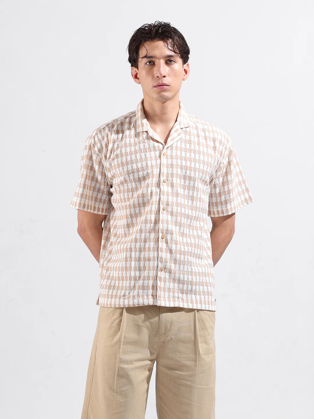 Men's Beige Relaxed Fit Solid Resort Wear Shirt - Image 2